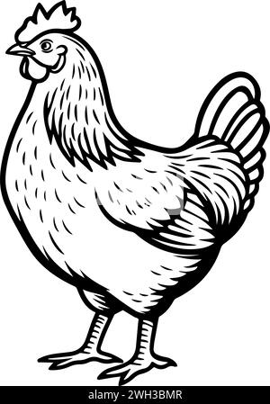 A line drawing black and white ink sketch of a plump chicken Stock Vector