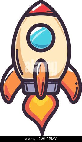 A colorful simple space rocket with orange fins and flames shooting out from the engine Stock Vector