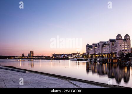 The twin towered town hall in Oslo, Norway at sunset. Stock Photo
