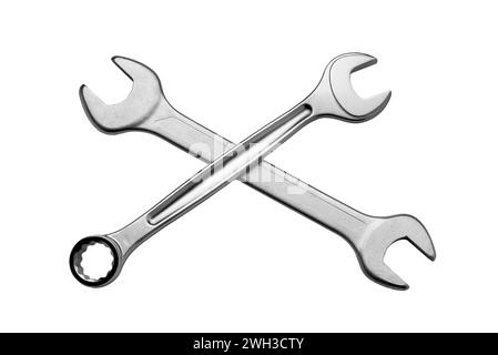Two crossed spanners isolated on white,  including clipping path, copy space Stock Photo