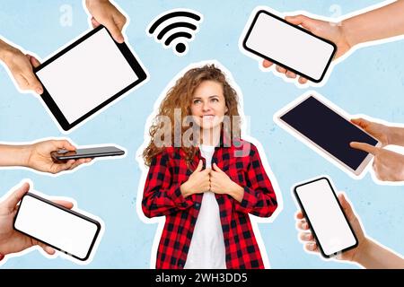 Young thinking woman and a lot of different portable information devices in hands Internet and digital devices. Stock Photo