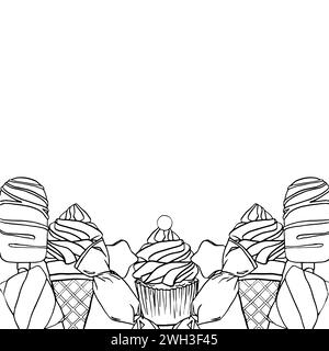 Border sketch illustration of a sweet candies, muffin, ice creams. Confectionery sweets. Hand-drawn. An engraving in vintage style. Drawing for the Stock Vector