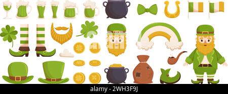 Saint Patrick festival collection with different elements such Leprechaun, gold, green beer and shamrock. Vector hand drawn flat illustration for fest Stock Vector