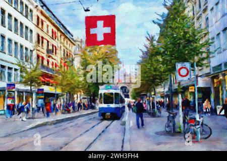 An approaching tram on the Bahnhofstrasse, Zürich, Switzerland. Stock Photo