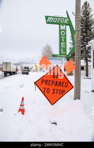 Caltrans sets up chain control checkpoints on U.S. 395 like this one in Bridgeport, Mono County, CA, USA during snowstorms. Stock Photo