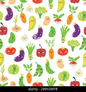 Hand drawn seamless pattern with cute kawaii veggies on white background. Colorful wallpaper with vegetables for print, wrapping paper, textile. Stock Vector