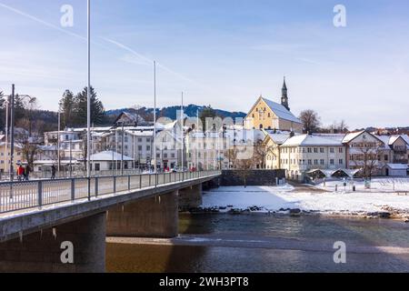 river Isar, snow, abbey Franziskanerkloster Bad Tölz Oberbayern, Tölzer Land, Upper Bayern, Bavaria Germany Stock Photo