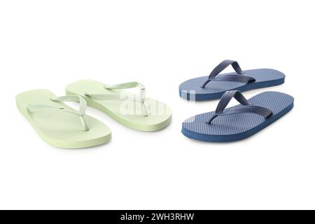 Colorful pairs of female flip flops on white background Stock Photo - Alamy