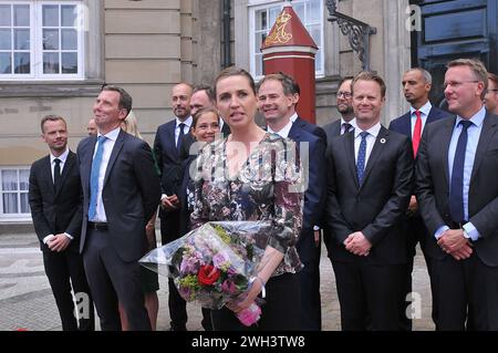 Copenhagen /Denmark./ 27June 2019/Ms. Mette Frederiksen New prime miniter of Denmark solo social democray govenorment after 40 years she presnets her minister team to first to H.M.The Queen Margrethe II of Denmark may be other royal familt member at Aamelineborg Palace and later she presents her New Got minister to Press media and nation infront of Amalienborg papace in Copenhagen Denmark she has 6 female minister on her team some miniter are new faces in minter team, New social memocrat priem minister Ms.Mette Frederisken and minister team at infront the Amalienborg Palace in danish capital.m Stock Photo