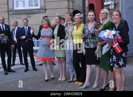 Copenhagen /Denmark./ 27June 2019/Ms. Mette Frederiksen New prime miniter of Denmark solo social democray govenorment after 40 years she presnets her minister team to first to H.M.The Queen Margrethe II of Denmark may be other royal familt member at Aamelineborg Palace and later she presents her New Got minister to Press media and nation infront of Amalienborg papace in Copenhagen Denmark she has 6 female minister on her team some miniter are new faces in minter team, New social memocrat priem minister Ms.Mette Frederisken and minister team at infront the Amalienborg Palace in danish capital.m Stock Photo