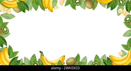 Rectangular frame made of fruits. Watercolor elements bananas and kiwi, fruit slices, juicy fruits drawn in watercolor. Suitable for packaging juices Stock Photo