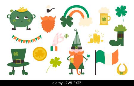 St. Patrick's Day vector flat elements set. Green shamrock, hat, leprechaun, beer. Symbols of Ireland Stock Vector