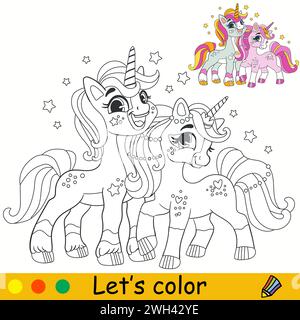 Cartoon cute two unicorn friends . Kids coloring book page. Unicorn character. Black contour, white background. Vector isolated illustration with colo Stock Vector