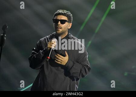 Sanremo, Italia. 07th Feb, 2024. Gazzelle perfermer during the 74th edition of the SANREMO Italian Song Festival at the Ariston Theatre in Sanremo, northern Italy - Tuesday, FEBRUARY 7, 2024. Entertainment. (Photo by Marco Alpozzi/LaPresse)&#xa0; Credit: LaPresse/Alamy Live News Stock Photo