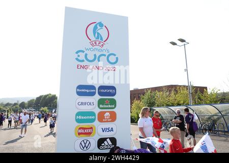 Official tournament placard and fans England v Spain UEFA Womens Euro Brighton Community Stadium (Amex Stadium) 20 July 2022 Stock Photo