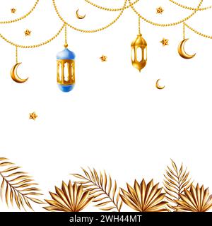 Watercolor Islamic arabian frame, templates with golden crescent moon, stars and lanterns on a gold chains, golden pampas grass, date palm branch illu Stock Photo