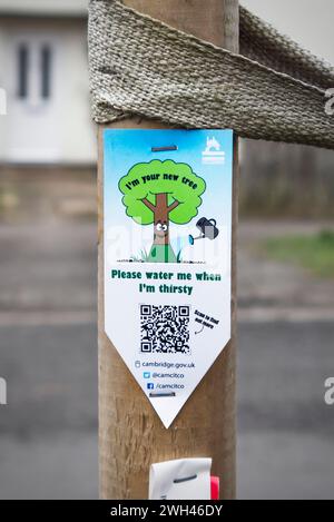 Cambridge City Council Label Encouraging Residents to Water Local Trees, with Link and QR Code, in Cherry Hinton, Cambridgeshire Stock Photo