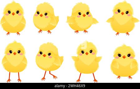 Collection of cute cartoon chickens. Yellow funny Easter chickens. Spring poultry babies in different poses. Vector illustration. Stock Vector