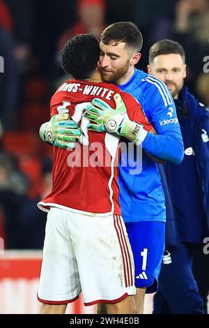 Nottingham, UK. 07th Feb, 2024. Nottingham Forest Goalkeeper Matt Turner and Morgan Gibbs-White of Nottingham Forest celebrate winning the penalty shoot out during the Nottingham Forest FC v Bristol City FC Emirates FA Cup 4th Round Replay at the City Ground, Nottingham, England, United Kingdom on 7 February 2024 Credit: Every Second Media/Alamy Live News Stock Photo