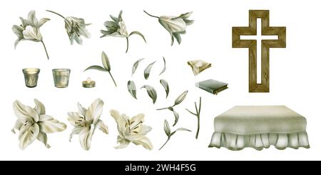 Watercolor set of white lilies with religious paraphernalia. Flowers, buds, leaves, stems,candles, a tablecloth, a wooden cross, a book, a Stock Photo