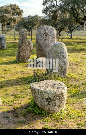 View of the prehistoric megalithic monument Cromeleque de Vale Maria do Meio, HDR Stock Photo