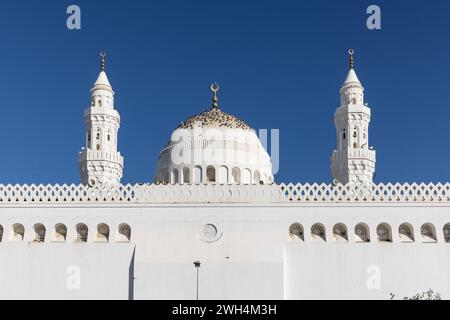 Middle East, Saudi Arabia, Madinah Province, Medina. Minarets and dome of the Quba Mosque in Medina. Stock Photo