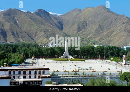 The Monument to the Peaceful Liberation of Tibet stands in the southern part of the Potala square in Lhasa, Tibet Autonomous Region . Stock Photo