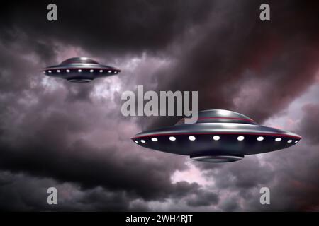 UFO. Alien spaceships among clouds in sky. Extraterrestrial visitors Stock Photo