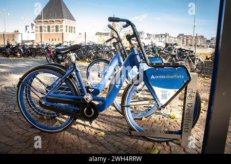 Picture of a bicycle from Arriva Deelfiets, on a station in Maastricht, Netherlands. The Arriva deelfiets service offers a convenient and environmenta Stock Photo