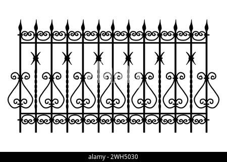 Decorative cast iron wrought fence silhouette with artistic forging.Metal guardrail.Steel modular railing.Gate with swirls.Forged lattice fence.Vector Stock Vector