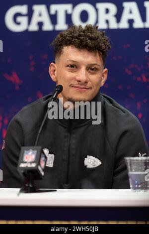 Feb 5, 2024; Las Vegas, NV, USA;  Kansas City Chiefs quarterback Patrick Mahomes (15) smiles during Opening Night for Super Bowl LVIII at Allegiant Stadium. Mandatory Credit: Stan Szeto - Image of Sport Stock Photo