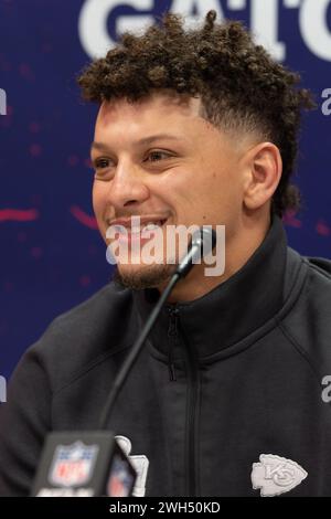 Feb 5, 2024; Las Vegas, NV, USA;  Kansas City Chiefs quarterback Patrick Mahomes (15) smiles during Opening Night for Super Bowl LVIII at Allegiant Stadium. Mandatory Credit: Stan Szeto - Image of Sport Stock Photo