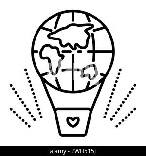 Hot air balloon with continents, black line vector icon of globe, pictogram for travel agency, sign of love to flights and adventures Stock Vector