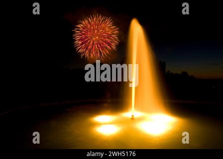 Axis Fountain with July 4th Fireworks, Oregon Garden, Oregon Stock Photo