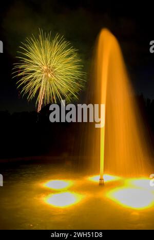 Axis Fountain with July 4th Fireworks, Oregon Garden, Oregon Stock Photo