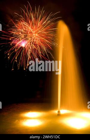 Axis Fountain with July 4th Fireworks, Oregon Garden, Oregon Stock Photo