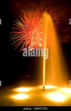 Axis Fountain with July 4th Fireworks, Oregon Garden, Oregon Stock Photo