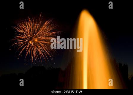 Axis Fountain with July 4th Fireworks, Oregon Garden, Oregon Stock Photo