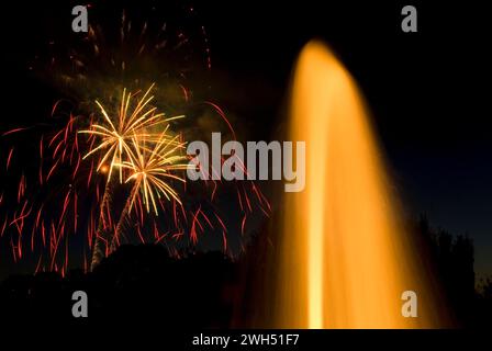 Axis Fountain with July 4th Fireworks, Oregon Garden, Oregon Stock Photo