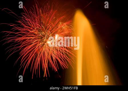 Axis Fountain with July 4th Fireworks, Oregon Garden, Oregon Stock Photo