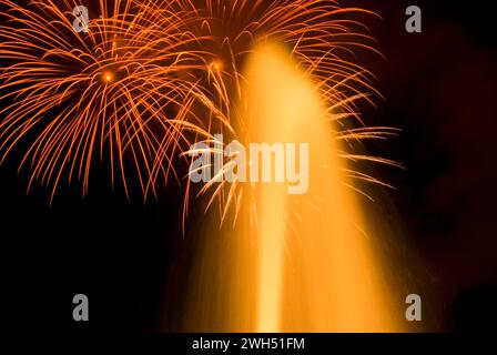 Axis Fountain with July 4th Fireworks, Oregon Garden, Oregon Stock Photo