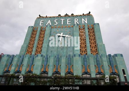 Clock, tower, rooftop, pool, historic, art deco, Eastern, building, downtown, Los Angeles, California, USA Stock Photo