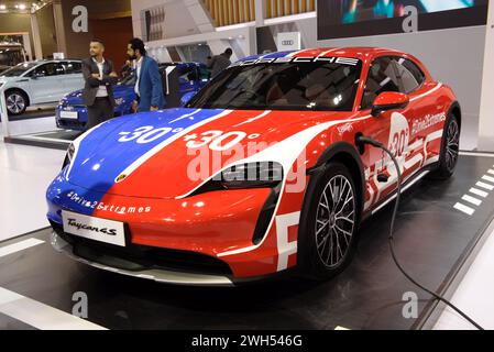 New Delhi - February 1, 2024: Porsche Taycan 4s Cross Turismo car is on display at Bharat Mobility Global Expo 2024 at New Delhi in India. Stock Photo