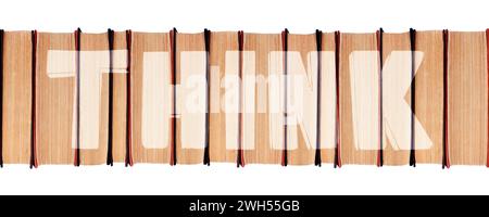 Word THINK on old paper books row, book pile, stack, education concept, wisdom symbol, wise idea, textbooks bookshelf, read and study design, library Stock Photo
