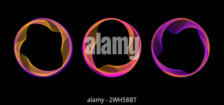 Neon blend circle lines set. Colorful glowing round tech frame collection. Curved wavy line circles on black background. Bright pink purple gradient circular border pack. Vector design element bundle Stock Vector
