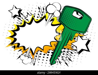Cartoon Key with blank speech bubble, comic book safety background. Retro vector comics pop art design. Stock Vector