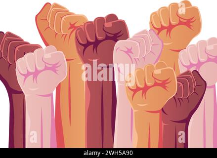 vector multiracial raised fists concept illustration in gradient design Stock Vector