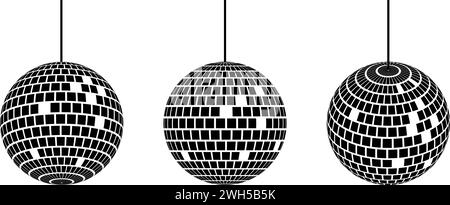 Black disco ball set. Collection of shining spheres in different angles. Turning music globes or planet bundle. Sparkling Mirror ball elements pack for poster, banner, music cover, party. Vector Stock Vector