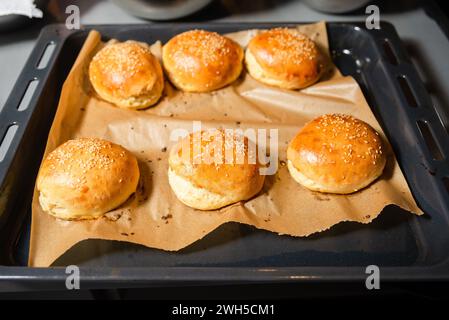 Golden burger buns sprinkled with sesame seeds, freshly baked and cooling on a baking tray lined with parchment paper. Stock Photo