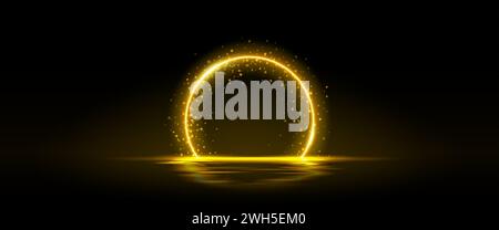 Yellow neon glowing round frame with sparkle glitter over water surface with reflections. Realistic vector illustration of golden ring circle bright electric luminous border or magic door portal. Stock Vector